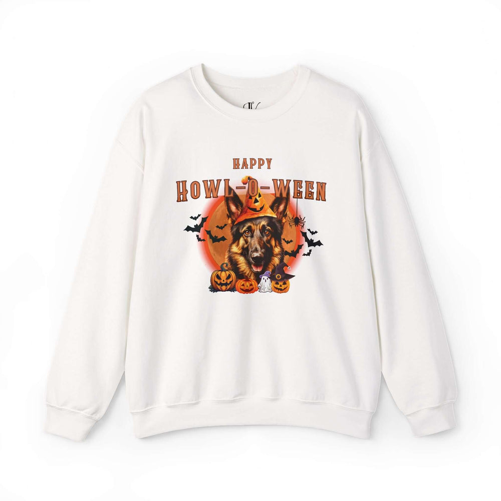Howl-oween German Shepherd Sweatshirt: Spooky Dog Shirt for Dog Lovers Sweatshirt Printify S White