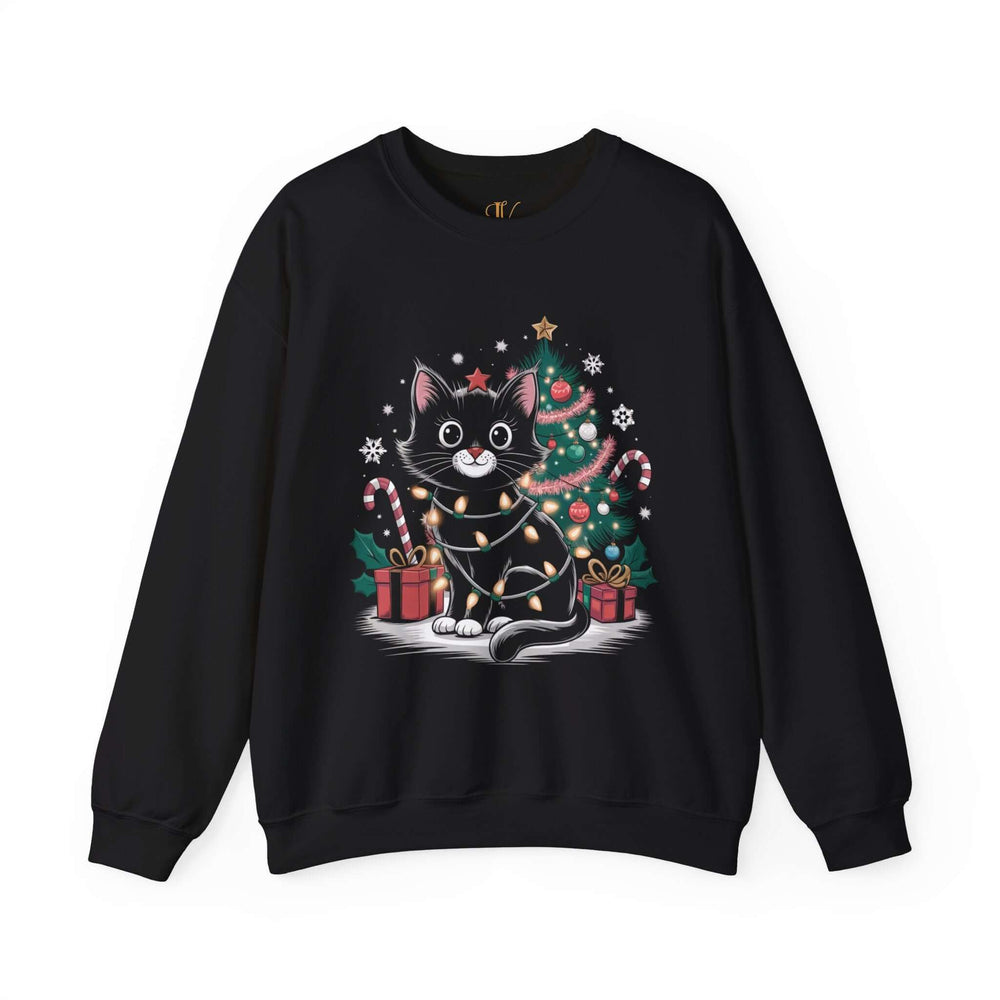 Festive Cat Christmas Sweatshirt Sweatshirt Printify M Black