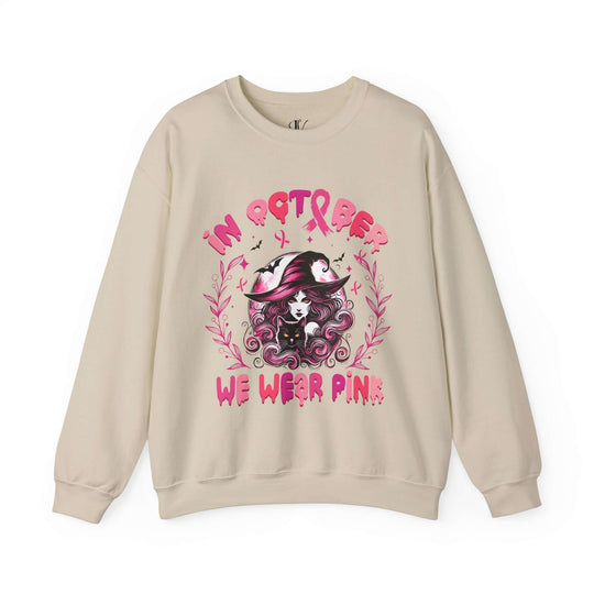 In October We Wear Pink Witch Sweatshirt Sweatshirt Printify S Sand