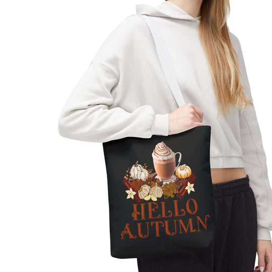 Autumn Vibes Tote Bag with Pumpkin Spice Latte and Hello Autumn Text Bags Printify