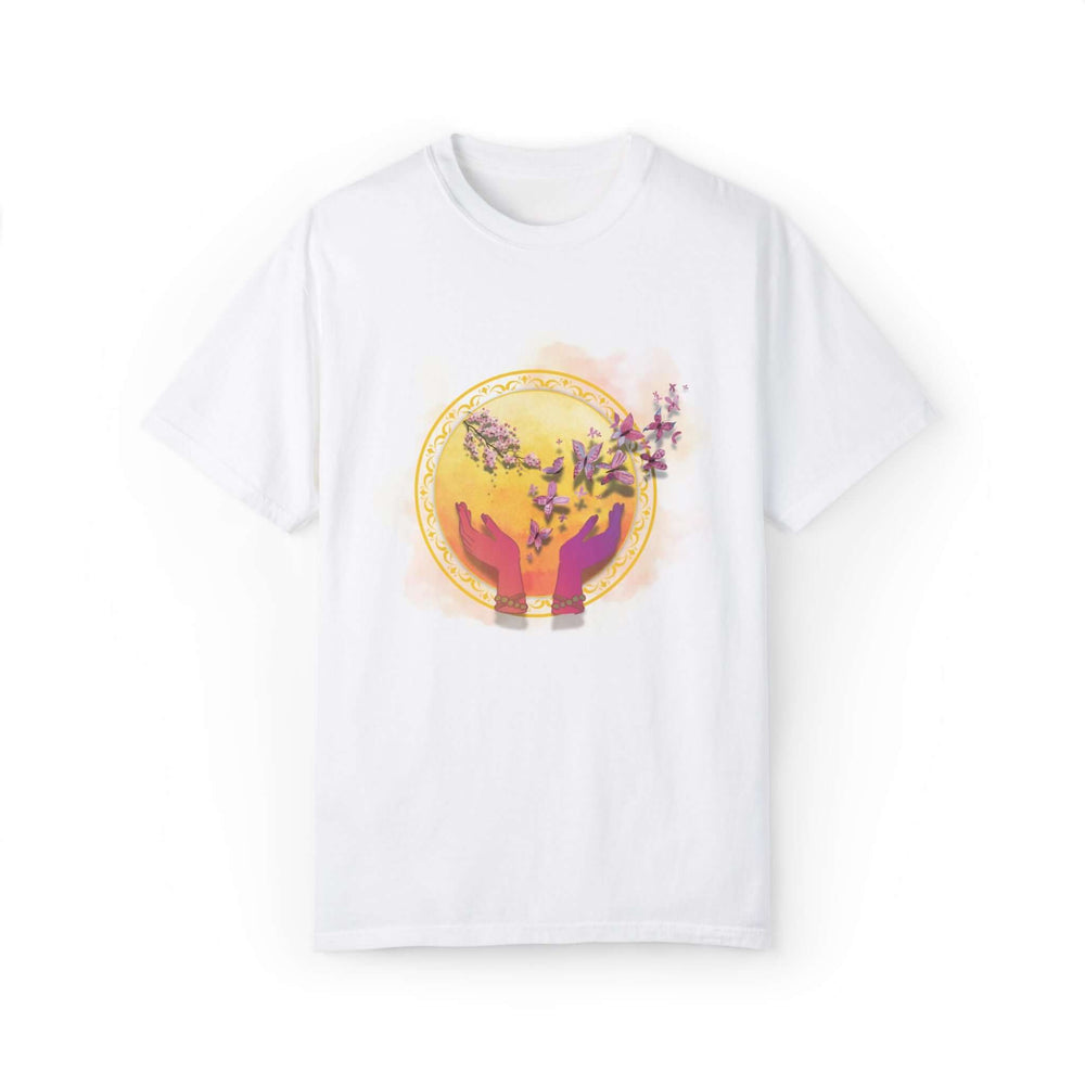 Spiritual Symbol Hands Garment-Dyed T-shirt with Flowers and Butterflies T-Shirt Printify White S