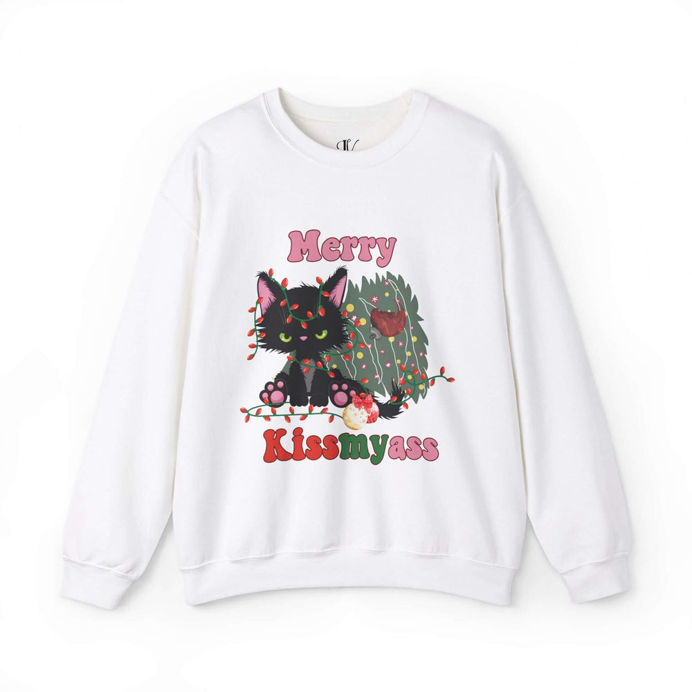 Merry Kiss: Funny Cat Sweatshirt Sweatshirt Printify S White