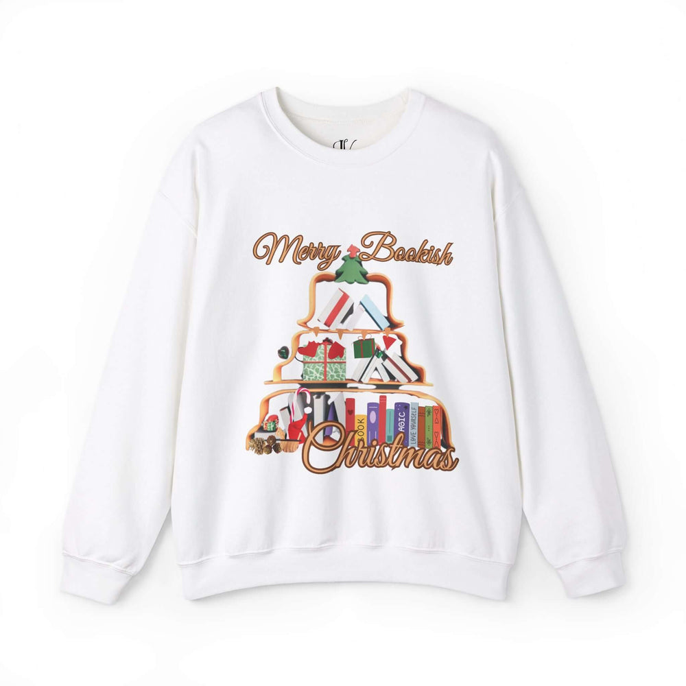 Merry Bookish Christmas Sweatshirt - Cozy Holiday Book Tree Pullover Sweatshirt Printify S White