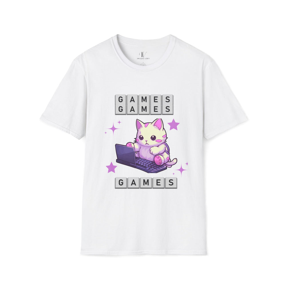 Kawaii Cat Softstyle T-Shirt with 'GAMES' Text - Cute and Playful T-Shirt Printify White XS