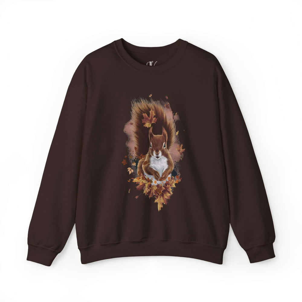 Squirrel and Autumn Leaves Fall Sweatshirt Sweatshirt Printify S Dark Chocolate