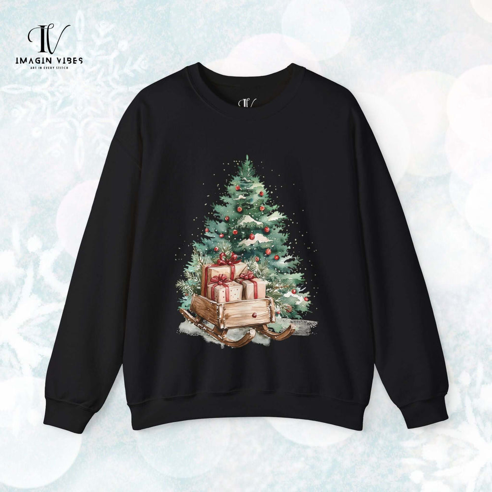 Vintage Christmas Tree & Sleigh Sweatshirt Sweatshirt Printify S Black