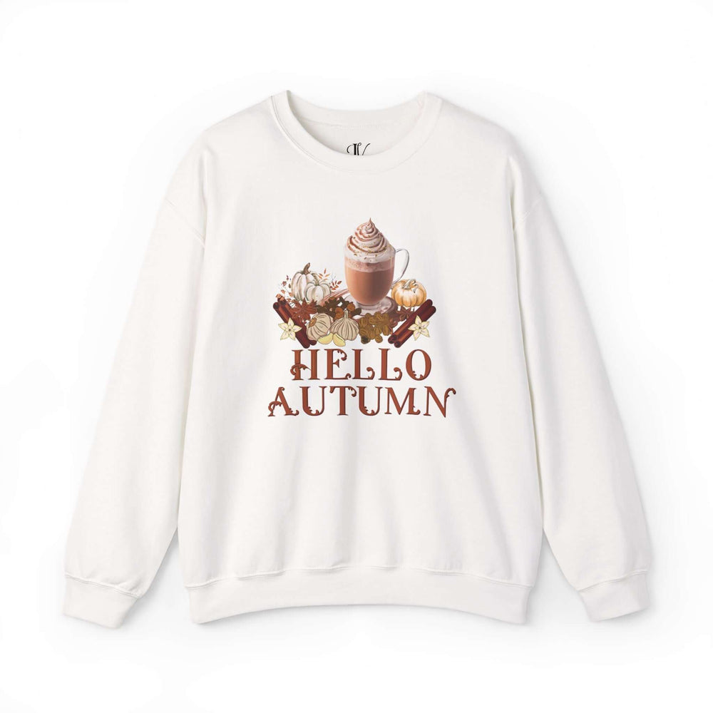 Fall Sweatshirt with Hello Autumn Latte Sweatshirt Printify S White