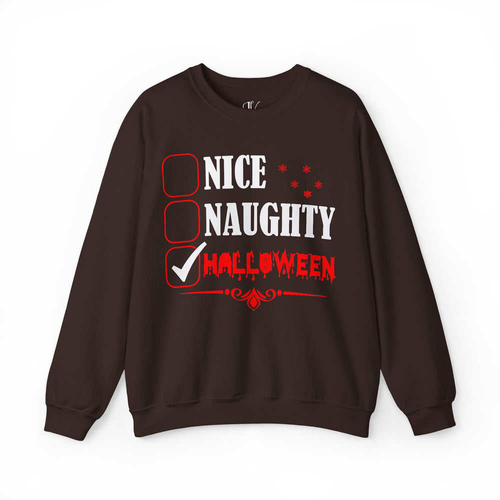 Nice, Naughty? Halloween Sweatshirt Sweatshirt Printify S Dark Chocolate