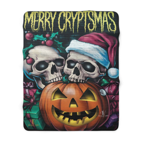 Sherpa Fleece Blanket - Merry Cryptmas Gothic Skull Pumpkin Spooky Christmas Home Decor Printify