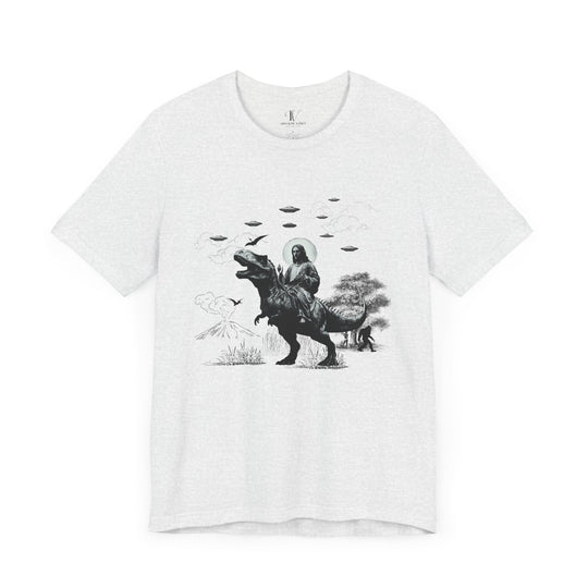 Graphic Tee Jesus Riding Dinosaur UFOs T-Shirt Printify Ash XS