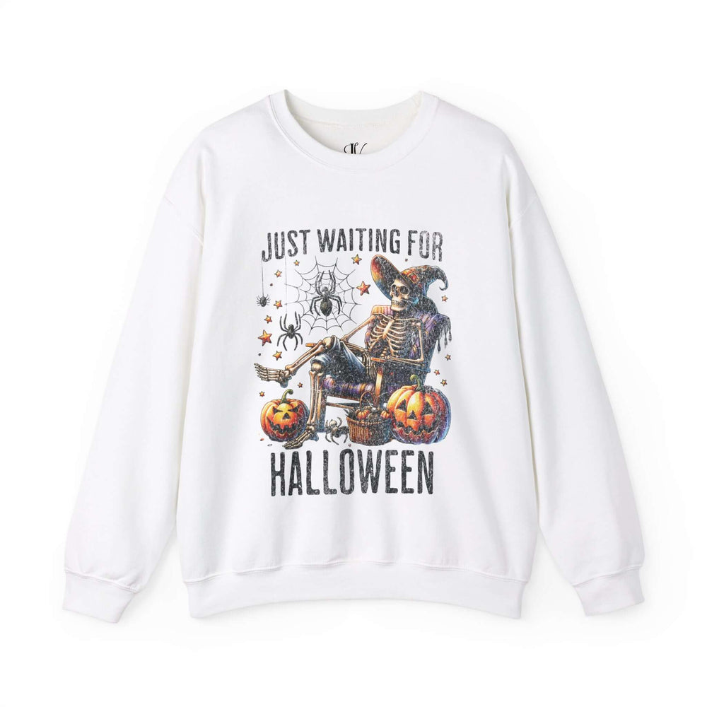 Halloween Crewneck Sweatshirt with Relaxing Skeleton Sweatshirt Printify S White