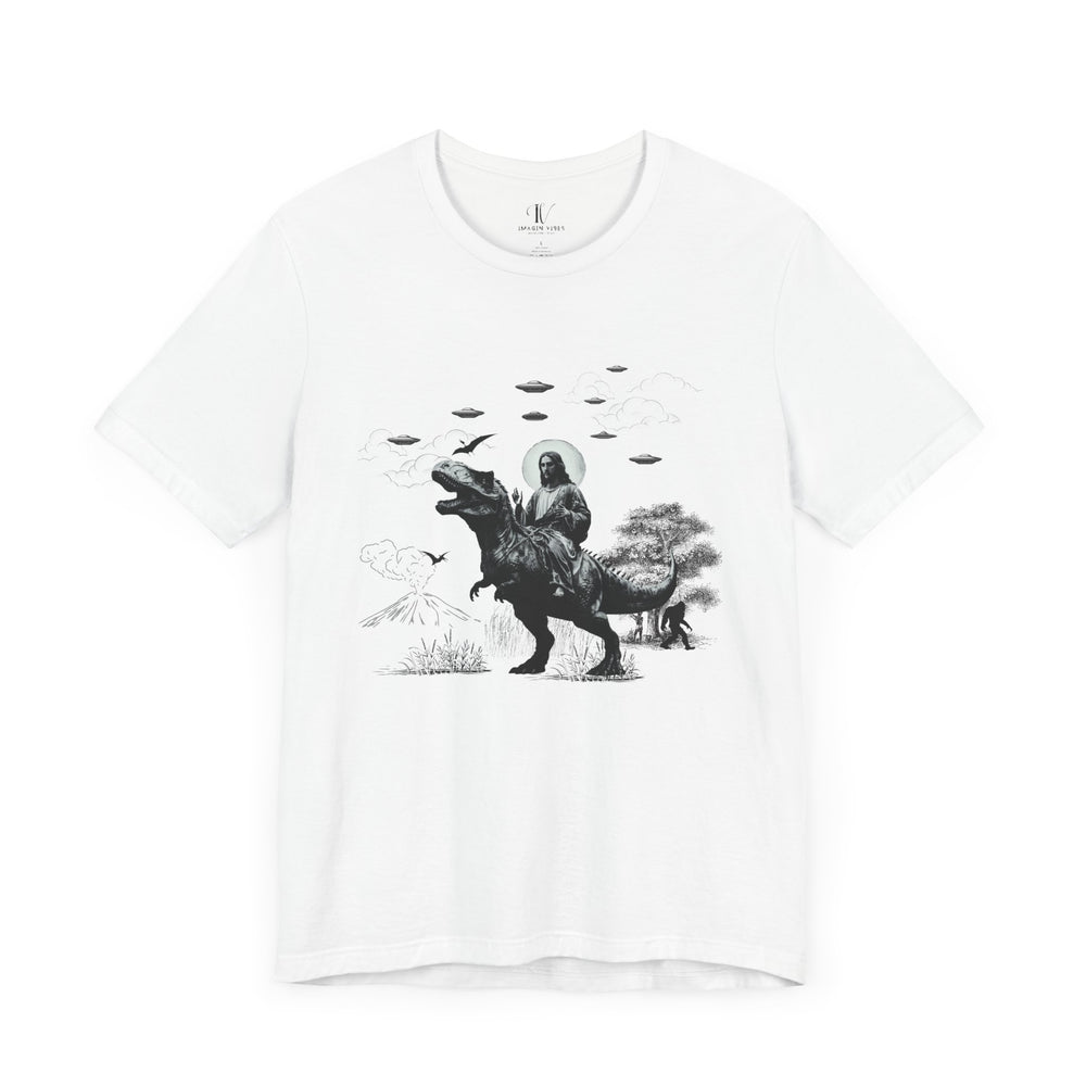 Graphic Tee Jesus Riding Dinosaur UFOs T-Shirt Printify White XS
