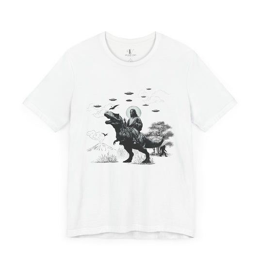 Graphic Tee Jesus Riding Dinosaur UFOs T-Shirt Printify White XS