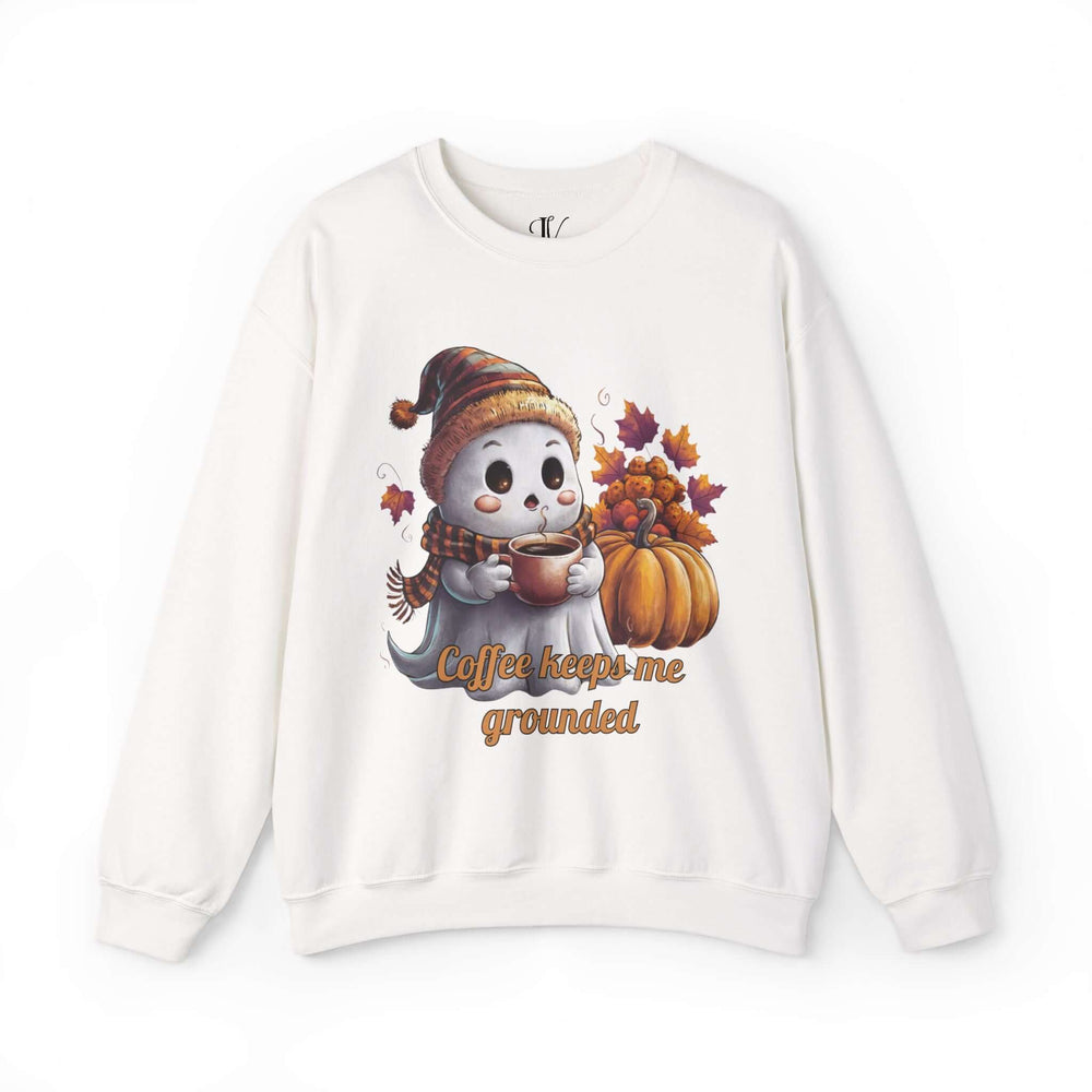 Ghostly Brew: Coffee Keeps Me Grounded Sweatshirt Sweatshirt Printify S White