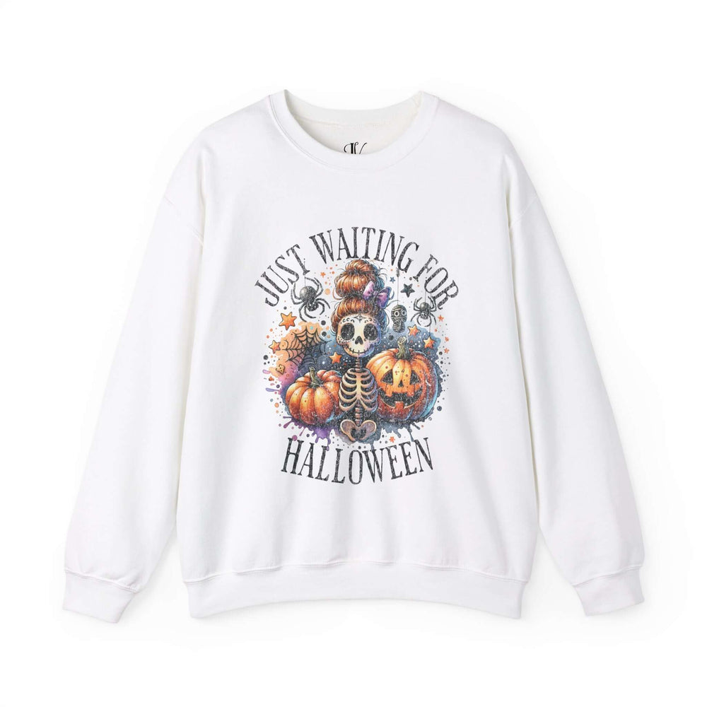 "Just Waiting for Halloween" Colorful Skeleton Sweatshirt Sweatshirt Printify S White