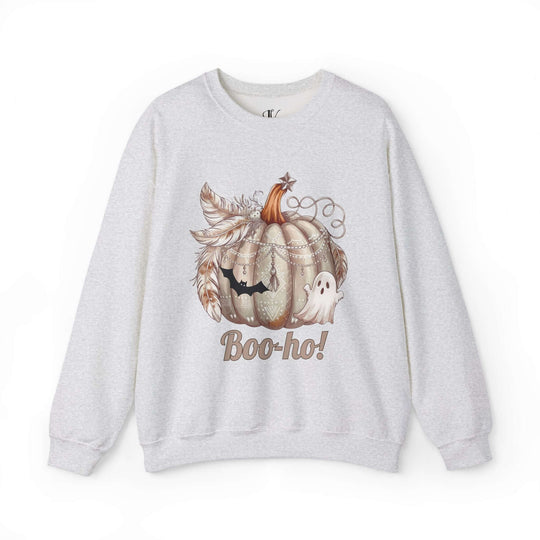 Boo-ho! Pumpkin Ghost Halloween Sweatshirt Sweatshirt Printify S Ash