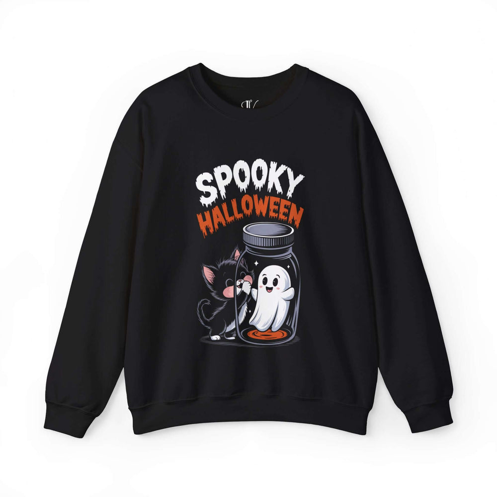 Spooky Cat & Ghost Halloween Sweatshirt Sweatshirt Printify S Black