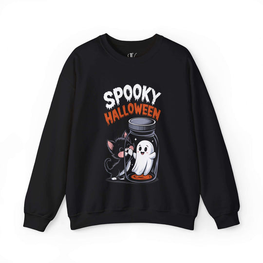 Spooky Cat & Ghost Halloween Sweatshirt Sweatshirt Printify S Black