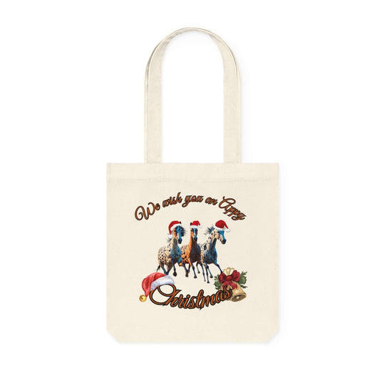 Christmas Tote Bag - Woven Tote Bag with Festive Appaloosa Horses Bags Printify Natural 14.6" x 15.4"