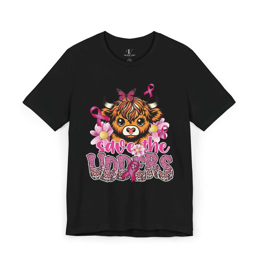 Breast Cancer Highland Cow Save the Udders T-Shirt T-Shirt Printify Black XS