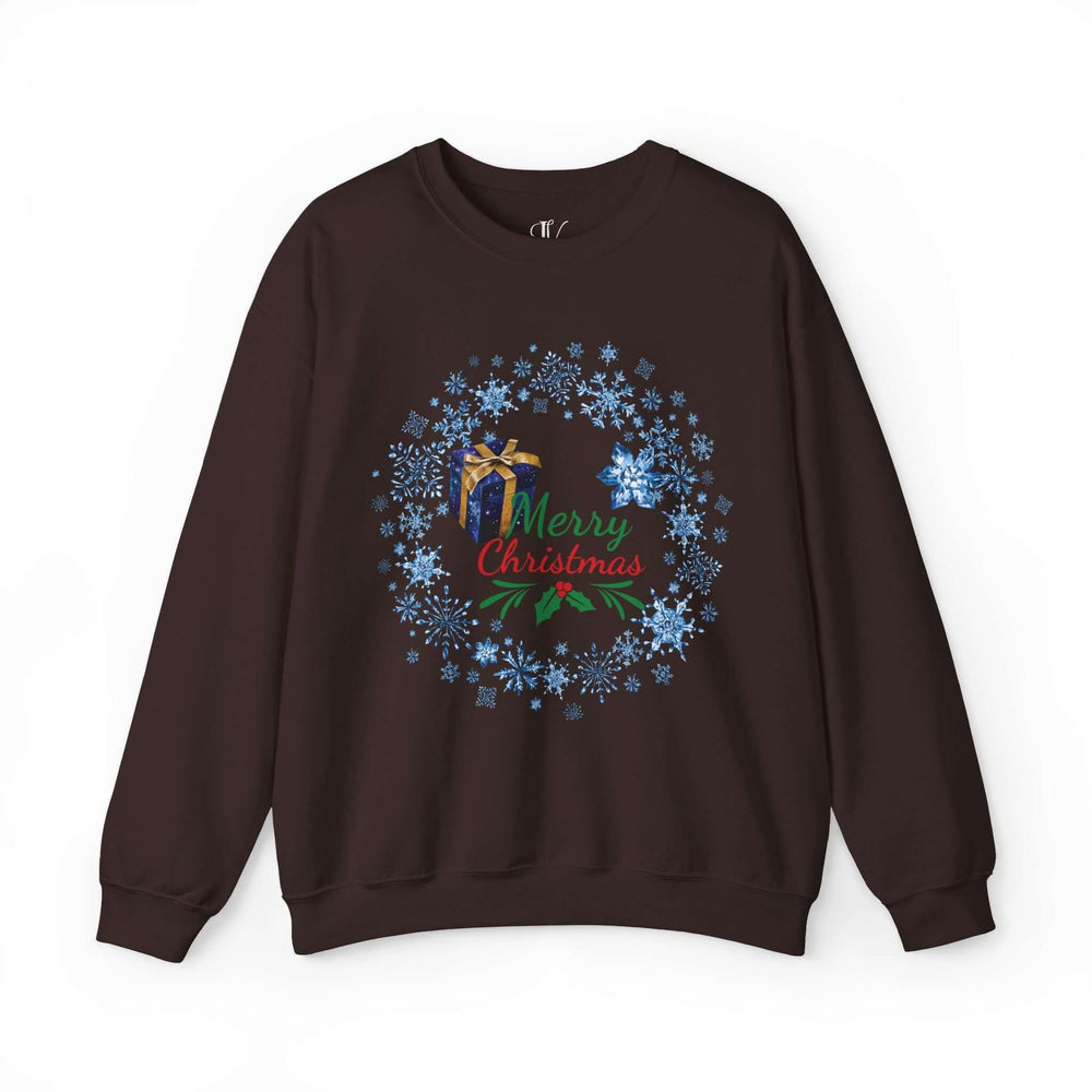 Wreath Merry Christmas Sweatshirt Sweatshirt Printify S Dark Chocolate