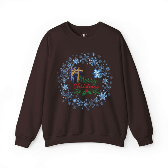 Wreath Merry Christmas Sweatshirt Sweatshirt Printify S Dark Chocolate
