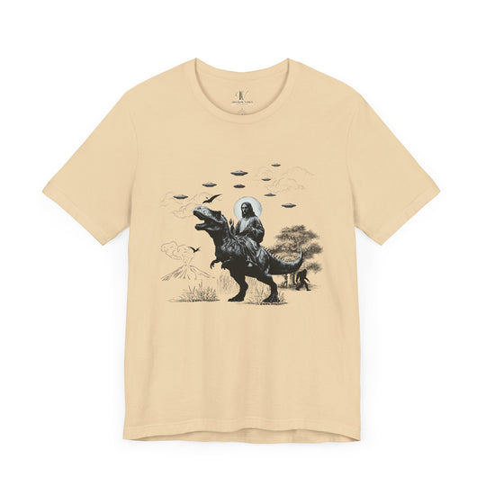 Graphic Tee Jesus Riding Dinosaur UFOs T-Shirt Printify Soft Cream XS