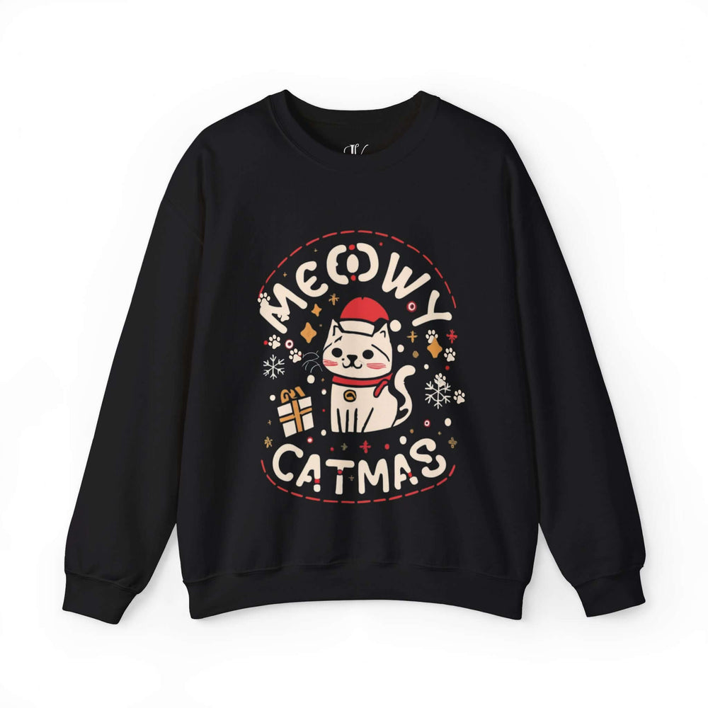 Christmas Cat Sweatshirt with Meowy Catmas Sweatshirt Printify S Black