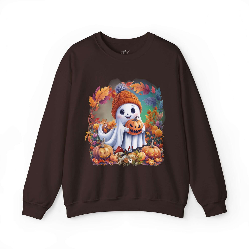 Cute Ghost with Pumpkin Fall Sweatshirt Sweatshirt Printify S Dark Chocolate