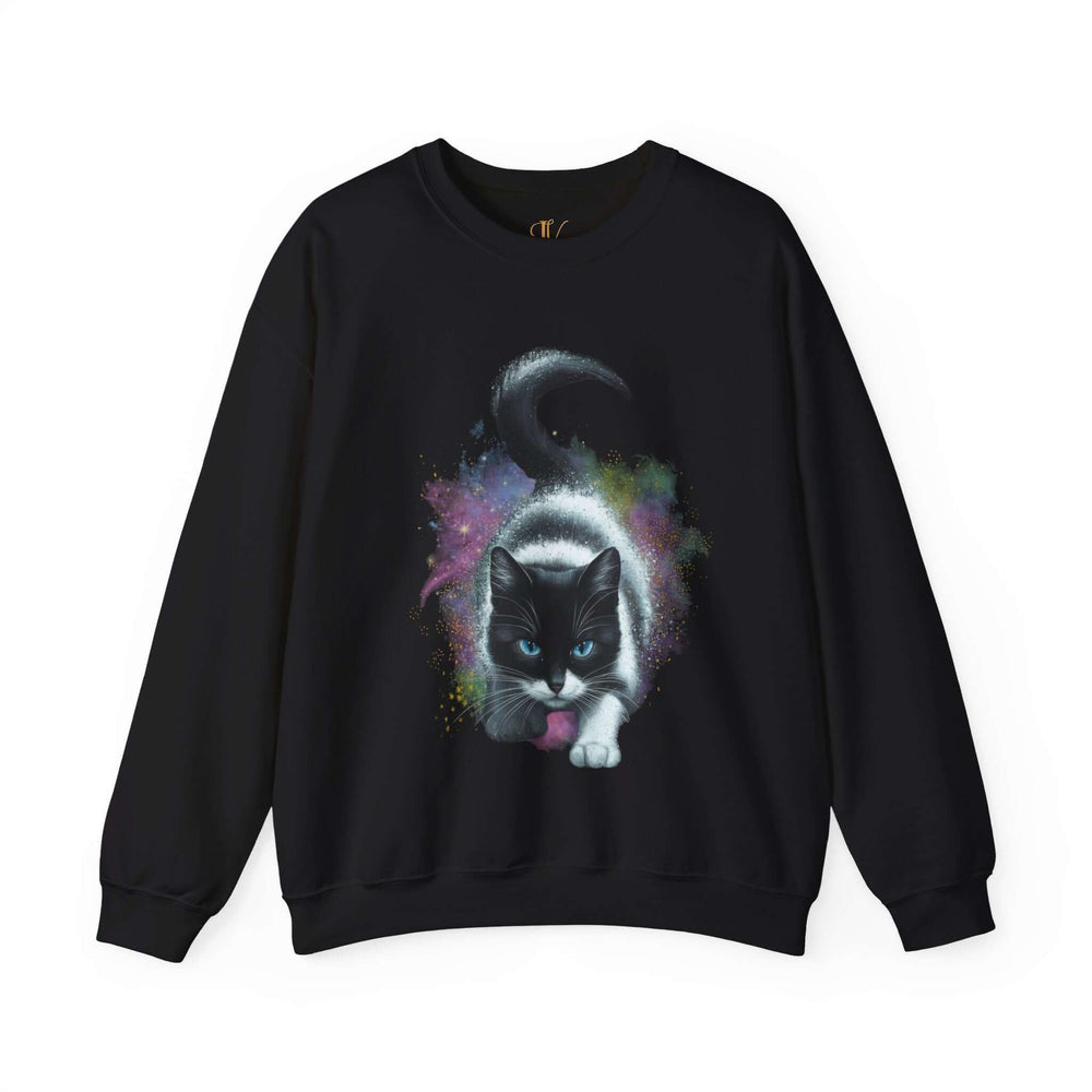 Cosmic Cat Crewneck Sweatshirt Sweatshirt Printify S Black