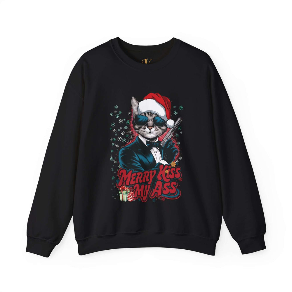 Funny Cat Merry Kiss My Ass Unisex Sweatshirt Sweatshirt Printify S Black
