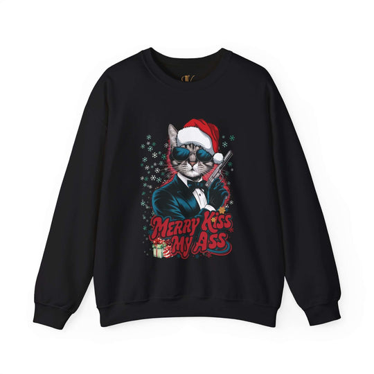 Funny Cat Merry Kiss My Ass Unisex Sweatshirt Sweatshirt Printify S Black