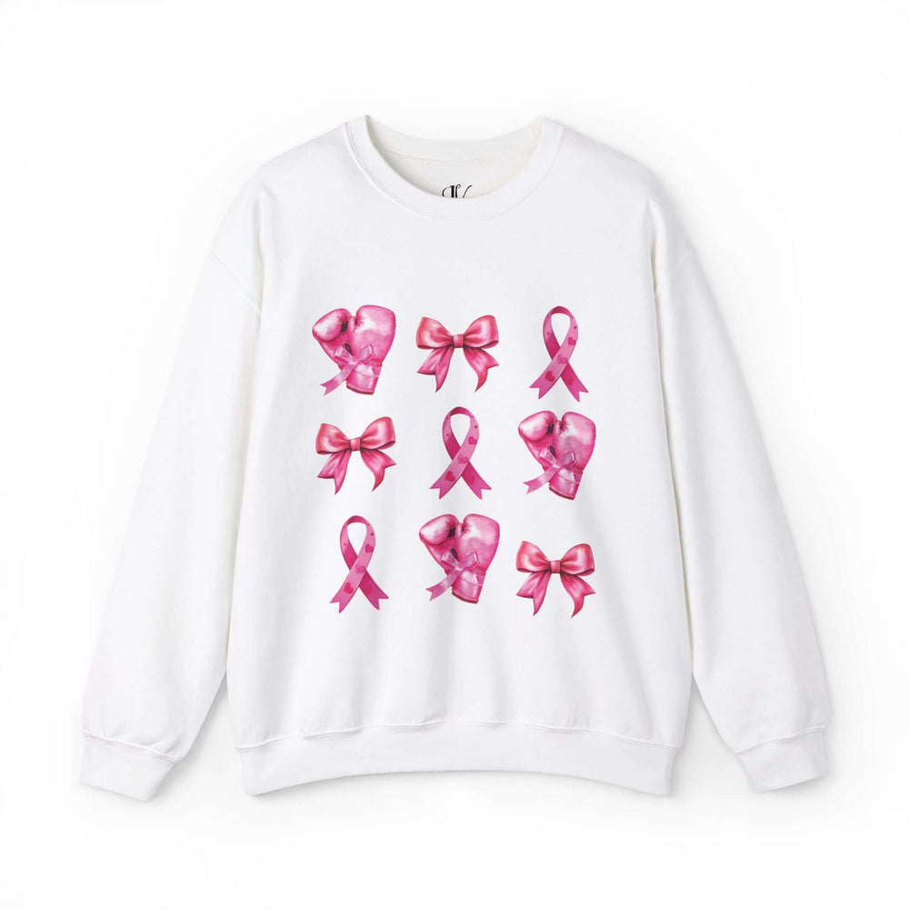 Pink Ribbons and Boxing Gloves Breast Cancer Support Sweatshirt Sweatshirt Printify S White