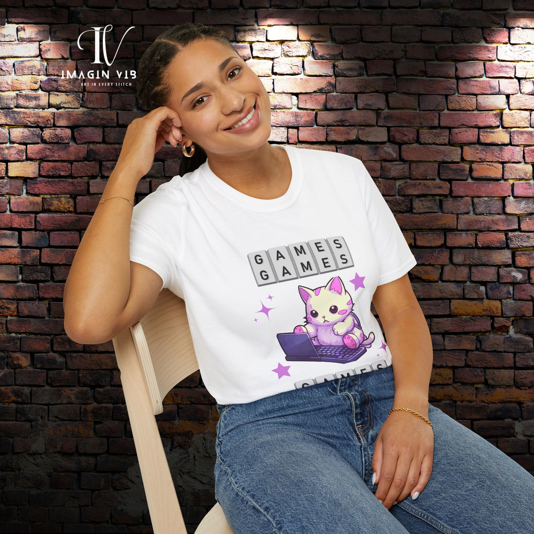 Kawaii Cat Softstyle T-Shirt with 'GAMES' Text - Cute and Playful T-Shirt Printify