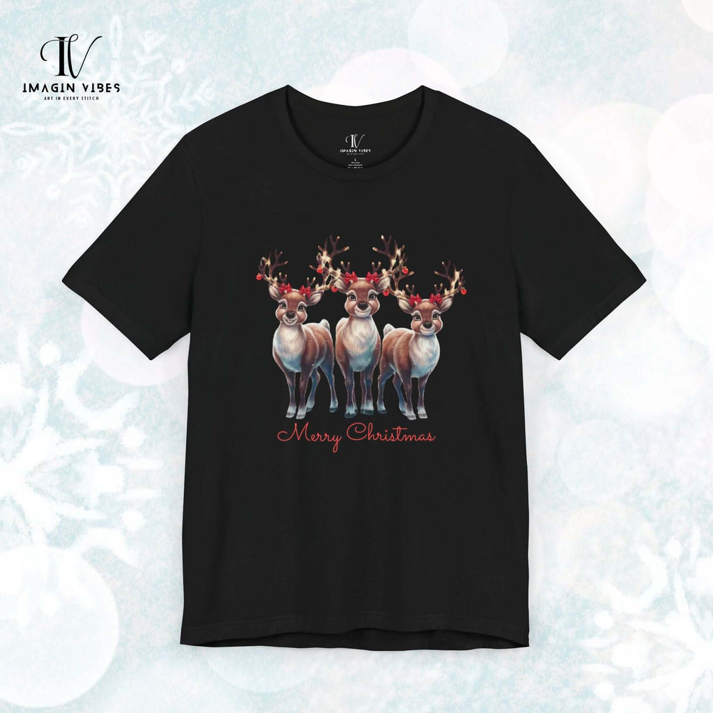 Cute Merry Christmas Reindeer T-Shirt T-Shirt Printify Black XS