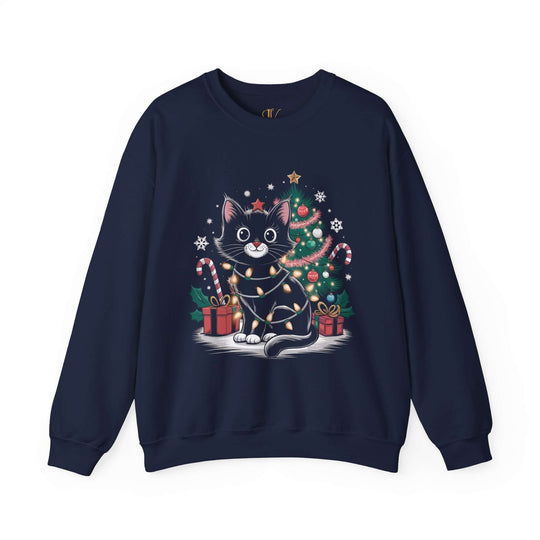 Festive Cat Christmas Sweatshirt Sweatshirt Printify S Navy