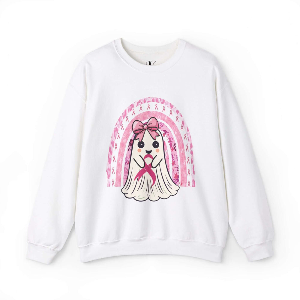 Cute Ghost Breast Cancer Support Sweatshirt Sweatshirt Printify S White