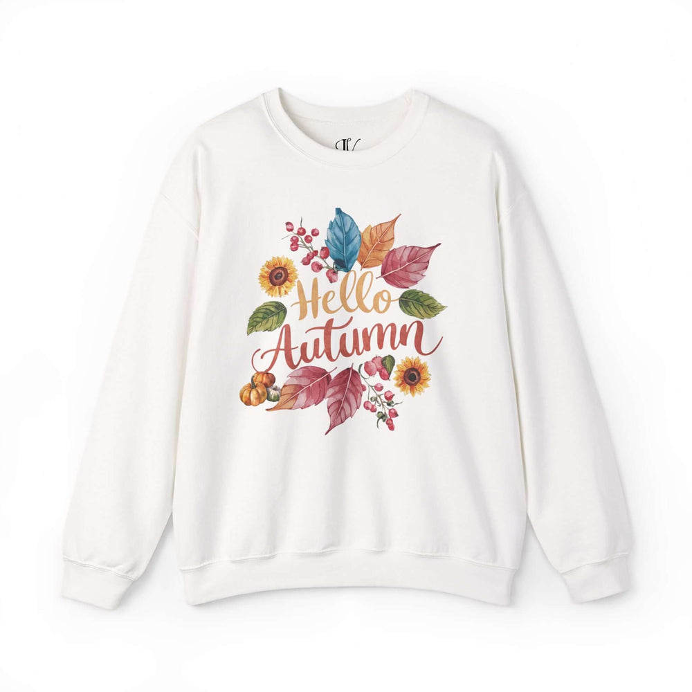 Autumnal Watercolor: Hello Autumn Sweatshirt Sweatshirt Printify S White
