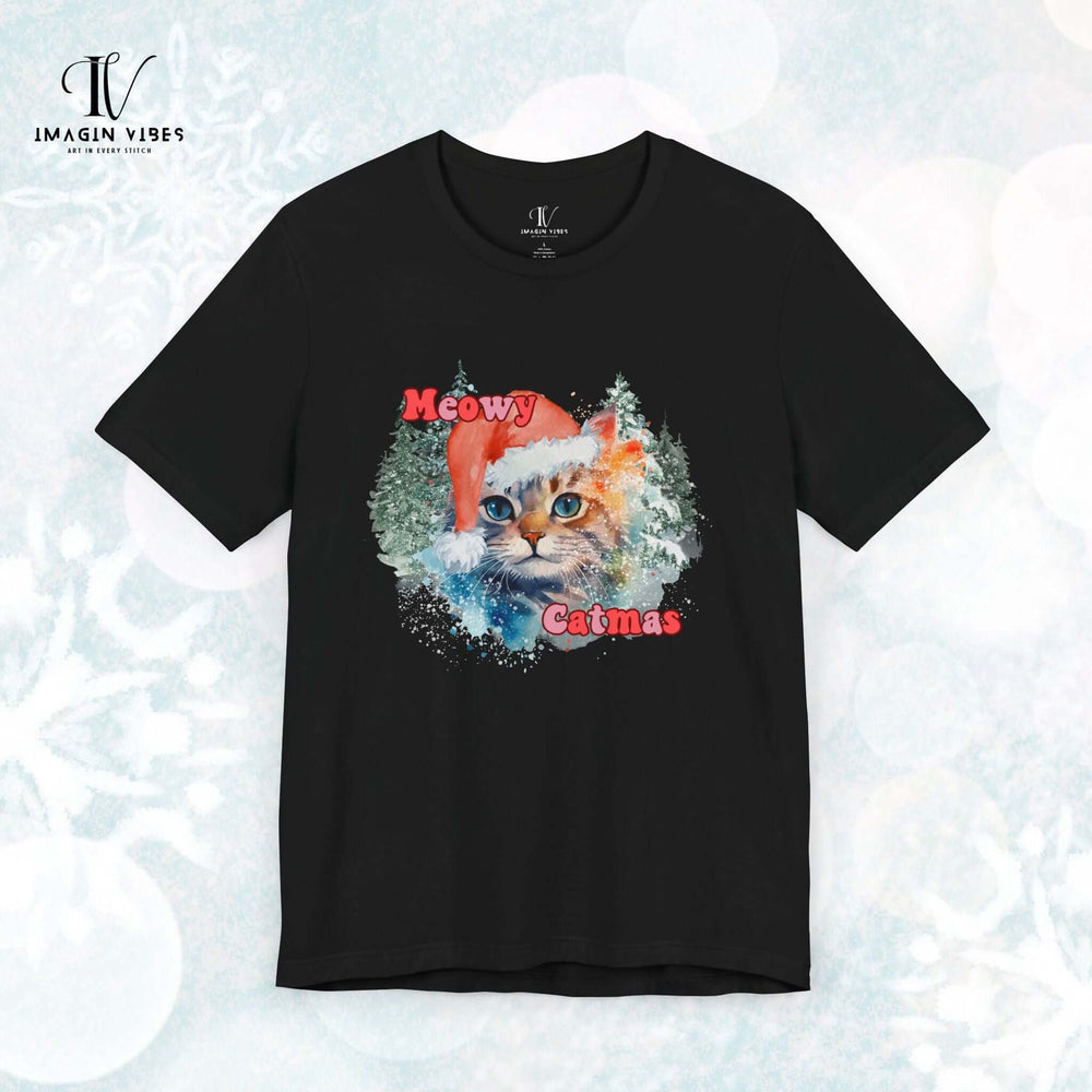 Meowy Catmas: Watercolor Cat Christmas T-Shirt T-Shirt Printify Black XS