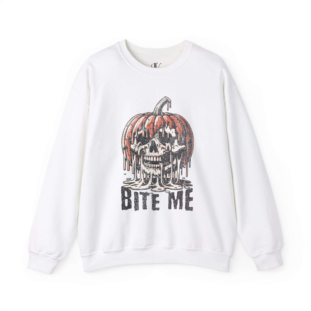 Halloween Crewneck Sweatshirt - Bite Me Pumpkin Skull Sweatshirt Printify S White
