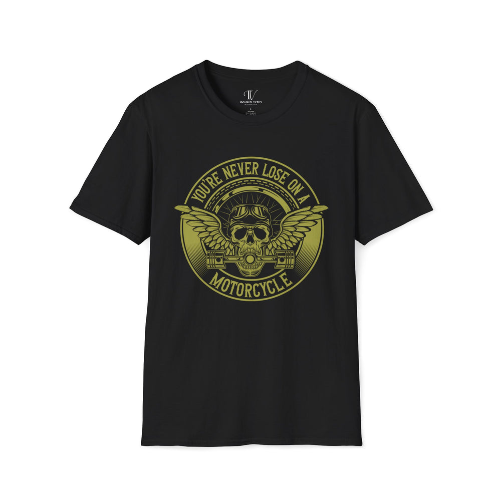 Winged Skull Biker T-Shirt with Motorcycle Engine Pistons T-Shirt Printify Black XS