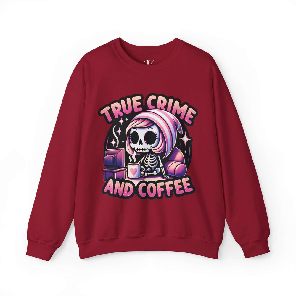 True Crime and Coffee: Skeleton Sweatshirt Sweatshirt Printify S Cardinal Red