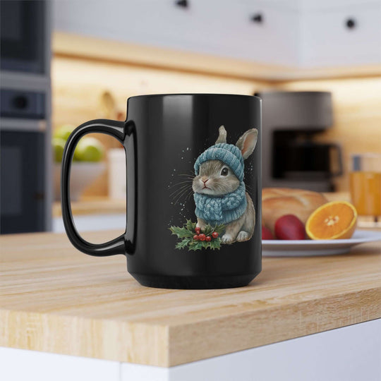 Cute Winter Watercolor Bunny Black Mug Mug Printify 15oz