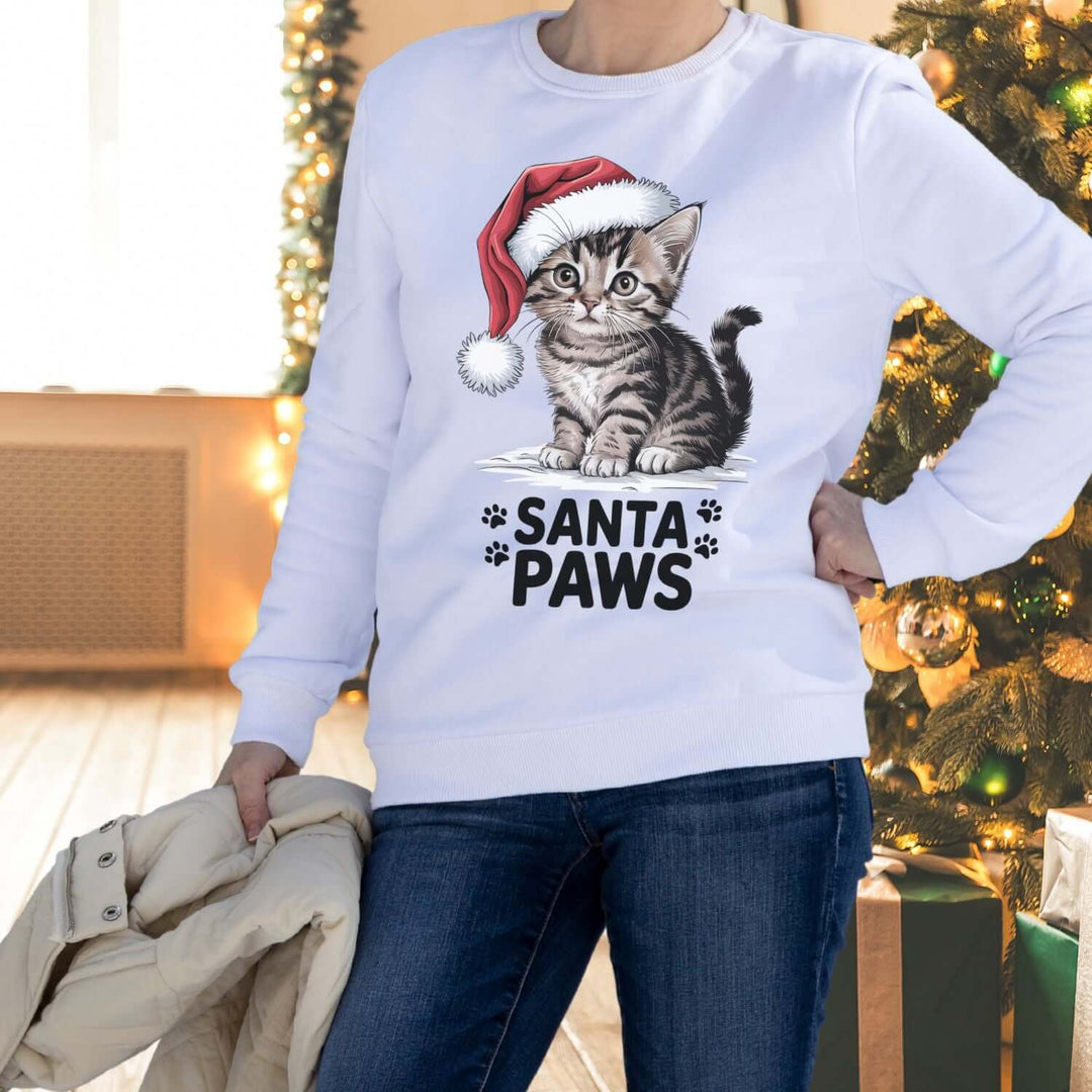 Cat Lover Sweatshirt - Santa Paws Sweatshirt Printify L White