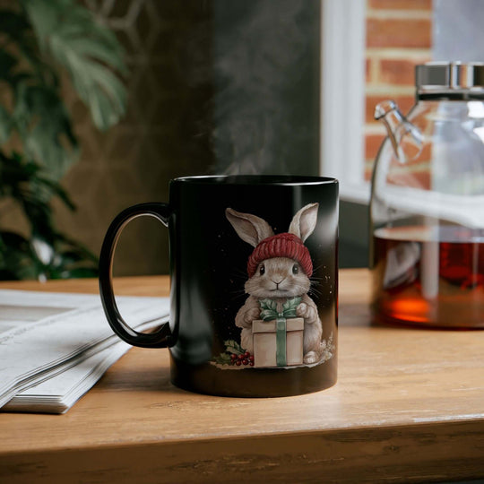 Cute Boho Winter Watercolor Bunny Black Mug Mug Printify