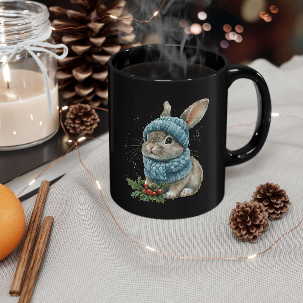 Cute Winter Watercolor Bunny Black Mug Mug Printify 11oz