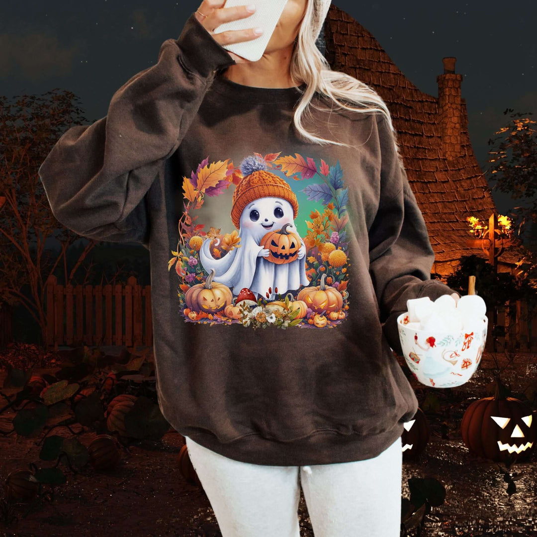 Cute Ghost with Pumpkin Fall Sweatshirt Sweatshirt Printify