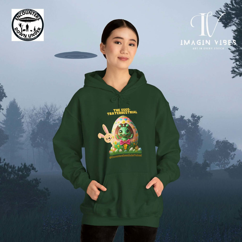 Encounters Down Under Podcast Supporting UFO Hoodie - Easter Egg Extraterrestrial UFO Hoodie Hoodie Printify