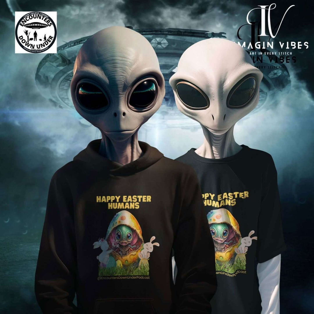 Encounters Down Under Podcast Supporting UFO Hoodie - Happy Easter Hoodie Printify