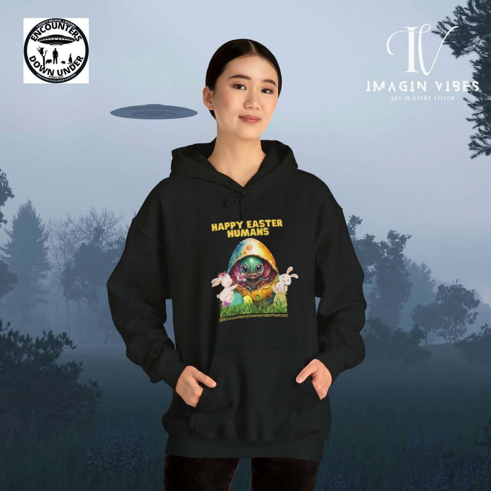 Encounters Down Under Podcast Supporting UFO Hoodie - Happy Easter Hoodie Printify
